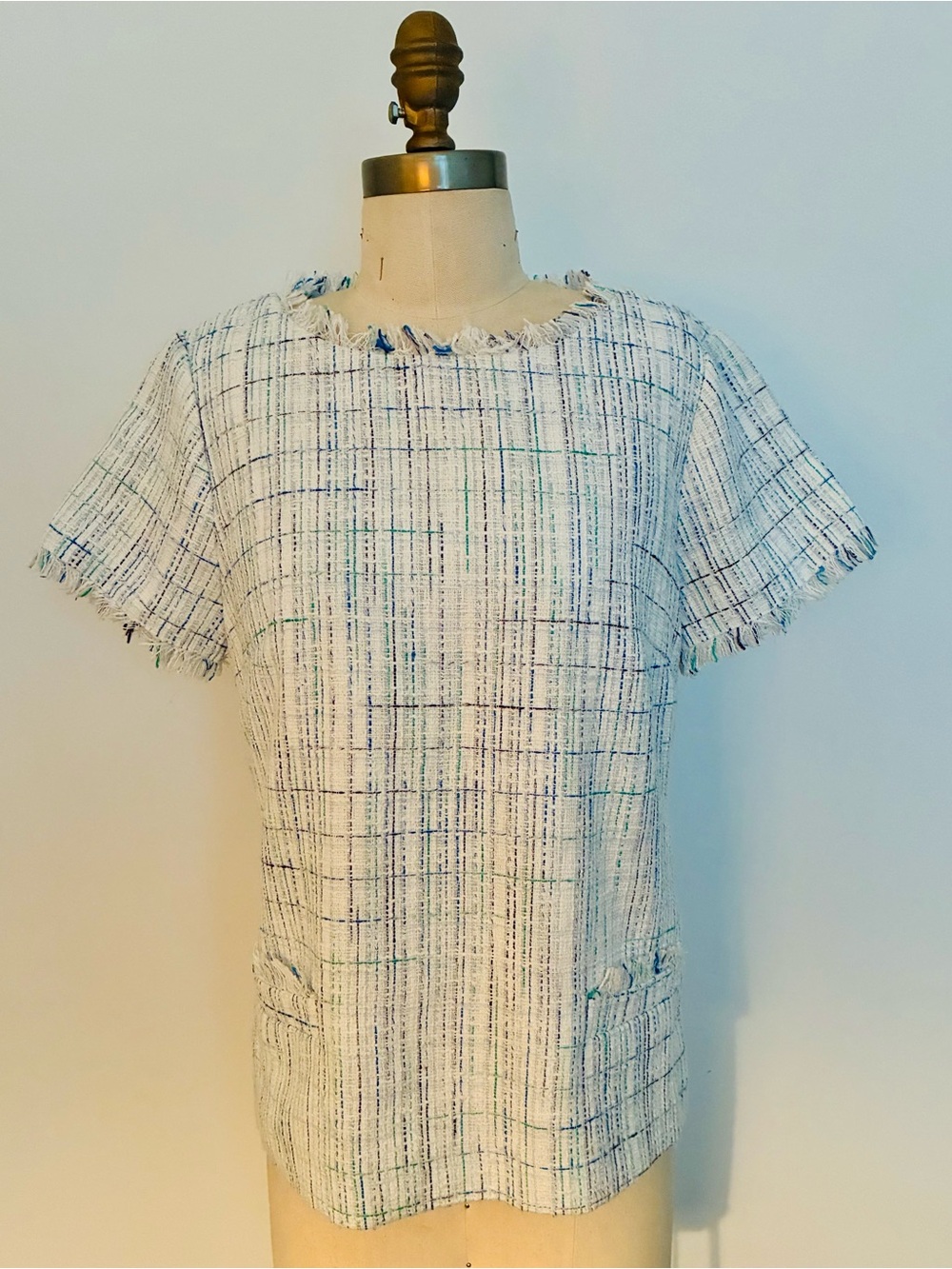 Sail to Sable White Tweed Short Sleeve Top with Blue & Green Accents